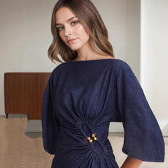 Puff Sleeves One-shoulder Neck Faux Denim Dress