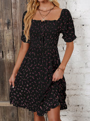 Printed Flower Waist Square Neck Ruffle Dress