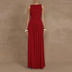 Elegant solid color slim fit pleated dress