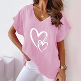 Tshirts Casual Heart Print V-Neck Short Sleeve Blouse