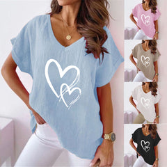 Tshirts Casual Heart Print V-Neck Short Sleeve Blouse