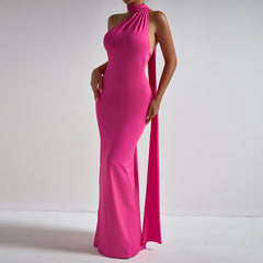 Halter neck pleated irregular evening dress