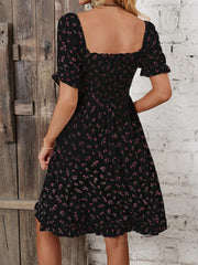 Printed Flower Waist Square Neck Ruffle Dress