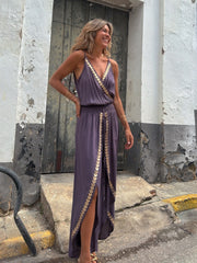 Gold ribbon trim waist V-neck loose jumpsuit