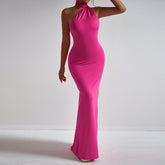 Halter neck pleated irregular evening dress