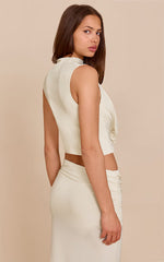 Pile-neck halter top and pleated skirt two-piece set