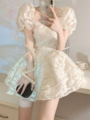 Puffed Sleeves Cinched Waist Slimming Puffy Dress