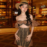 One-shoulder lace ruffle trim slim waist dress