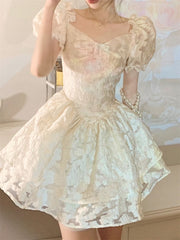 Puffed Sleeves Cinched Waist Slimming Puffy Dress