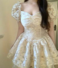 Puffed Sleeves Cinched Waist Slimming Puffy Dress