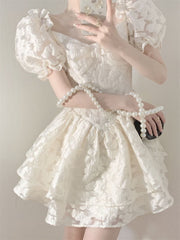 Puffed Sleeves Cinched Waist Slimming Puffy Dress