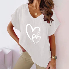 Tshirts Casual Heart Print V-Neck Short Sleeve Blouse