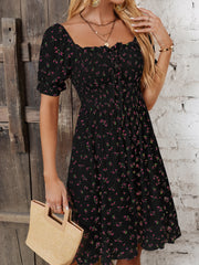 Printed Flower Waist Square Neck Ruffle Dress