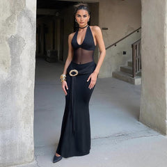 Mesh splicing semi-transparent halterneck dress