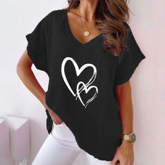 Tshirts Casual Heart Print V-Neck Short Sleeve Blouse