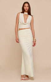 Pile-neck halter top and pleated skirt two-piece set