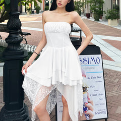 Solid color tube top irregular lace dress