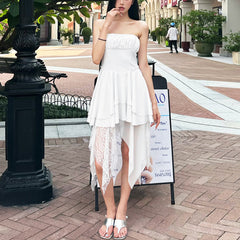 Solid color tube top irregular lace dress