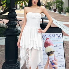 Solid color tube top irregular lace dress