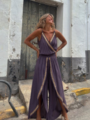Gold ribbon trim waist V-neck loose jumpsuit