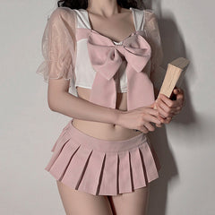 Pink Bow Uniform Skirt Set