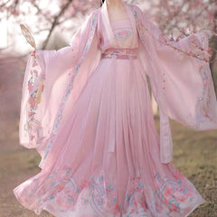 Pink Embroidered Flower Hanfu Dress Set