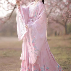 Pink Embroidered Flower Hanfu Dress Set