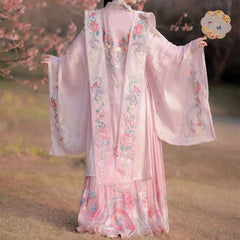 Pink Embroidered Flower Hanfu Dress Set