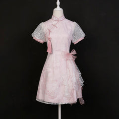 Pink Lace Flower Cheongsam Dress