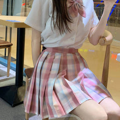 Pink Plaid Pleated Skirt