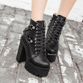 Punk Lace-up Soft Leather Platform Heel Shoes