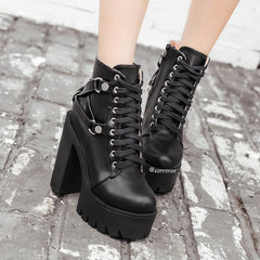 Punk Lace-up Soft Leather Platform Heel Shoes