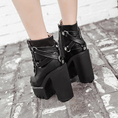 Punk Lace-up Soft Leather Platform Heel Shoes