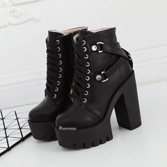 Punk Lace-up Soft Leather Platform Heel Shoes