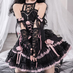 Rose Flower Bow Black Dress