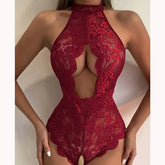 Exotici Hanging Neck Style Backless Transparent Red Lace Crotchless Hollow Bra Lingerie