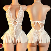 Purple Halter Crotchless Lingerie Front Buckle Bra Hot Drees Lace Up Backless Open Underwear Female Bodysuit
