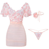 Perspective Soft Deep V Floral Tight Short Sleeve High Waist Hip Wrap Skirt Couples Flirting Erotic Outfit