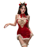 Skirt Christmas Red Costumes Bow Lingerie Sweet Nightgowns Soft Velvet Plush Elk Deer Cosplay Santa Claus Sling Dress