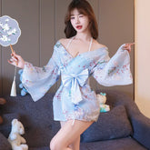 Kimono Bathrobe Gown Print Flower Mini Yukata Nightgown Intimate Lingerie Chiffon Yukata Temptation Womens