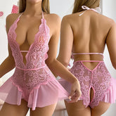 Crotchless Rose Lingerie Lace Hollow Bodysuit Teddy Babydoll Deep V Open Bra Porno Set