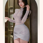 Role Play Secretary Lace Perspective Costume Office Temptation Hollow Long Sleeves Top Wrap Hip Short Skirt
