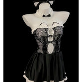 Erotic Cat Lingerie Maid Costumes Tube Top Net Hollow Back Split Sweet Bow Hollow Nightgowns Cosplay Dress