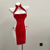 Soft Velvet Cheongsam Halter lingerie Babydoll Retro Style V-neck Hollow Erotic Nightgowns