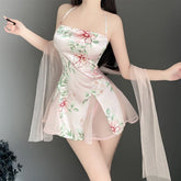 Lingerie Temptation Printed Traditional Bandage Slim Fit Cheongsam Style Pink