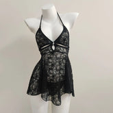 Gloves Halter Nightgowns White Black Lolita Night Wear Sleepwear Mesh Lace Embroidery See Through Lingerie