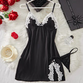 Suspender Sleeping Printed Patchwork Lace Slit NightSet Babydoll Erotic Underwear Festival Gift