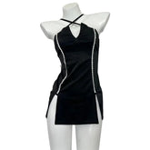 Suspender Hollow Out Nightclub Queen Roleplay Outfit Romantic Nightgown Erotic Lingerie Side Slit Skirt