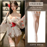 Transparent Style Strawberry Print Kimono Seductive Lace Long Sleeves Bow Elegant Charm Nightgown Bathrobe