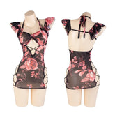 Hollowed Out Wrap Hip Skirt Rose Printing Nightgown Cosplay Costumes Backless NightAdult Home Pajamas